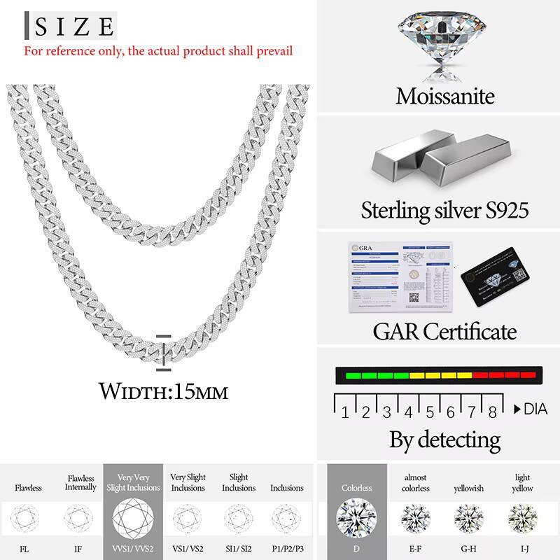 100% Pass Diamond Tester 15mm Moissanite Iced Out Cuban Link Chain Luxury 925 Sterling Silver Lab Grown Gemstone Neck Chain