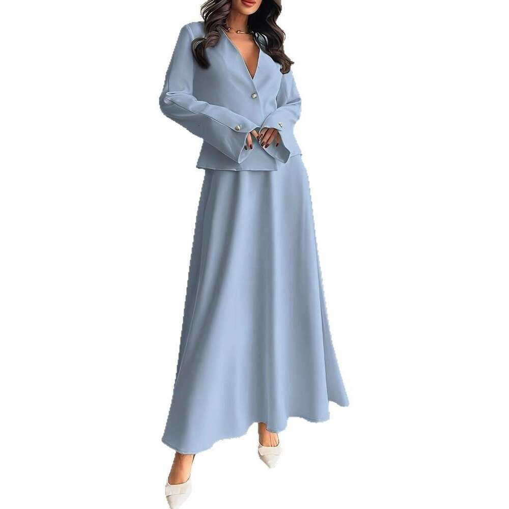 Autumn Women's Fashion Set One Button Solid Color Elegant Blazer V-Neck Half Skirt Outfit