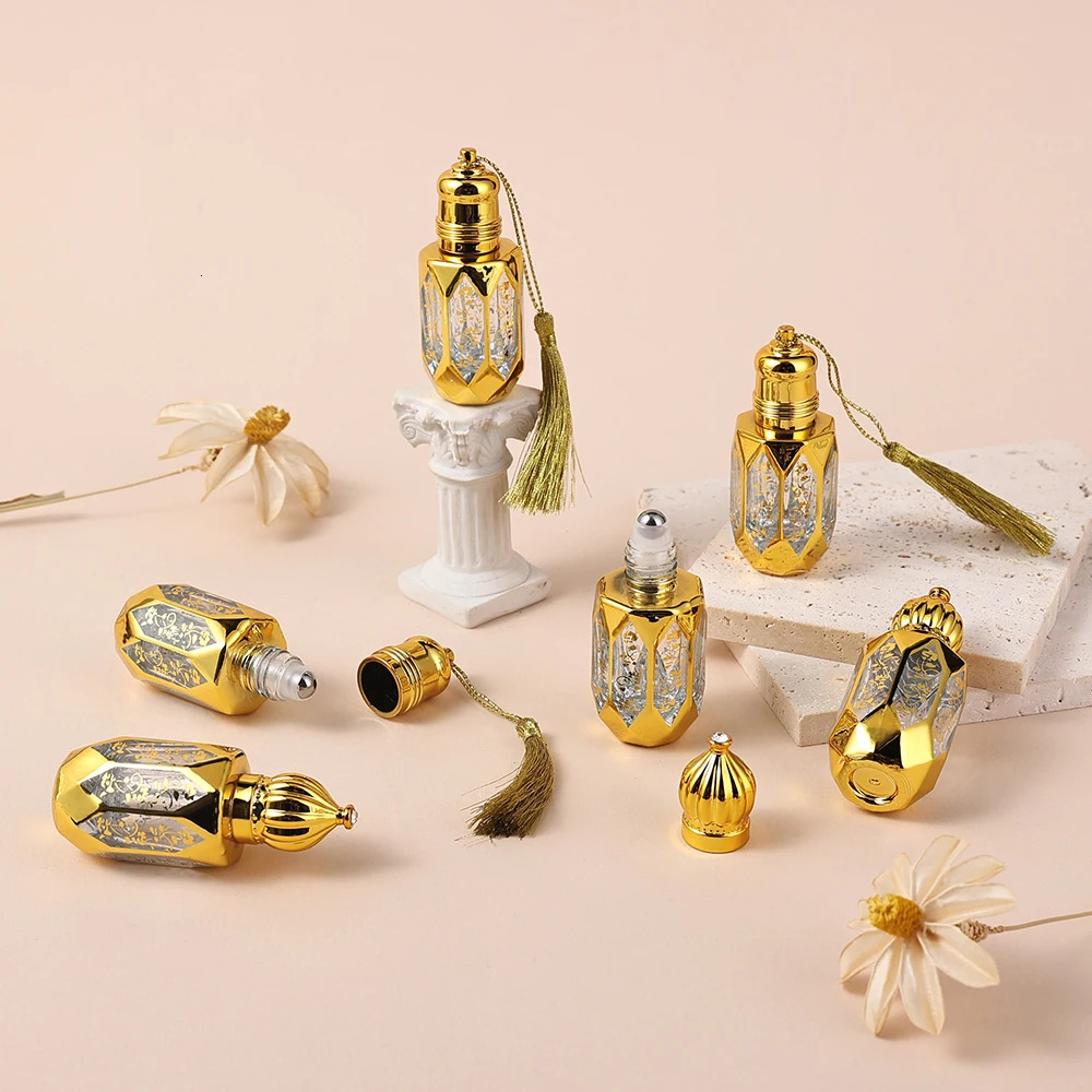 10pcs 12ml Mini Gold Empty Glass Roller Bottles for Essential Oil roll on bottles refillable Travel perfume Octagon bottle 250726