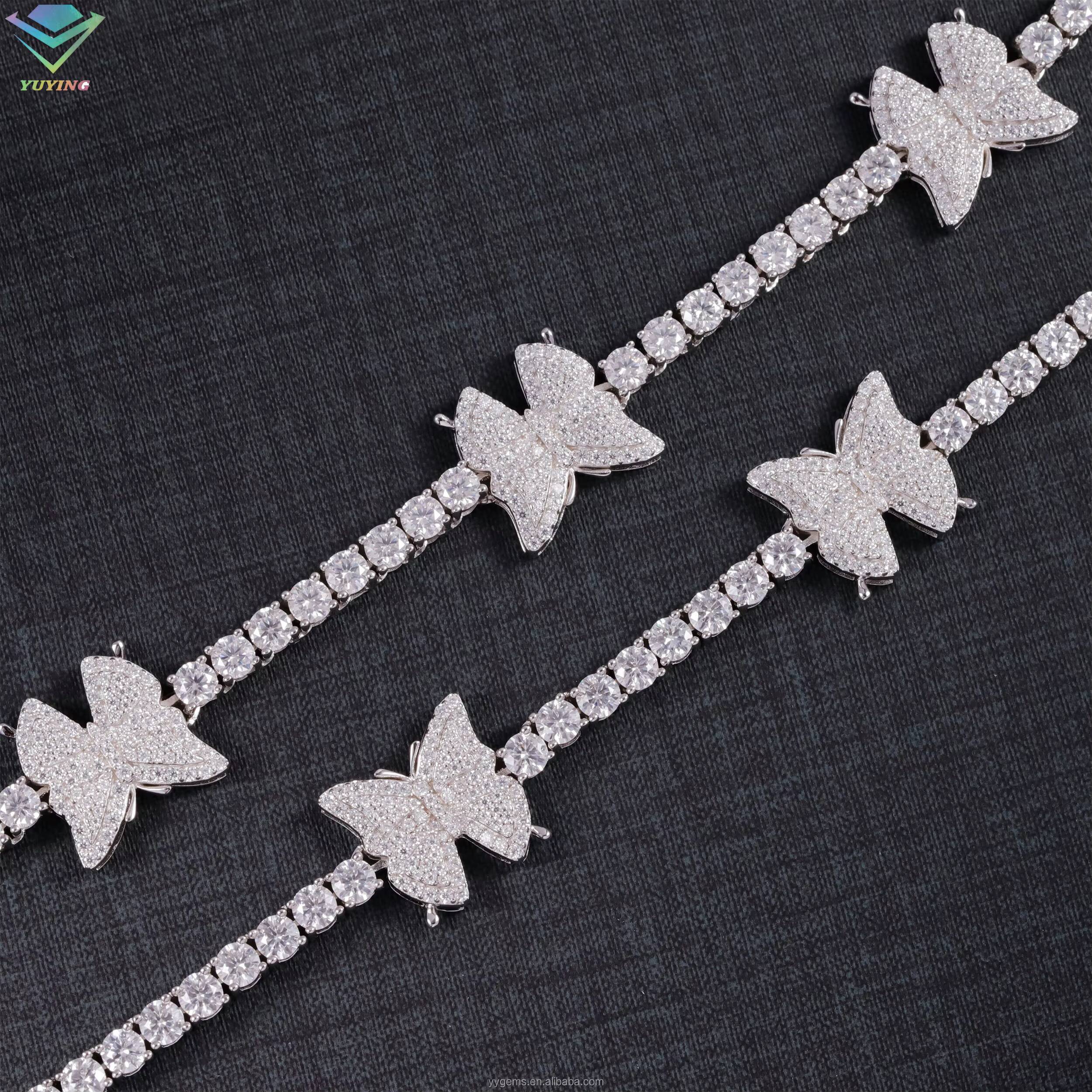 Stylish New Arrival Fashion Femme Design 925 Silver VVS Moissanite Diamond Iced Out Butterfly Tennis Chain Bracelet
