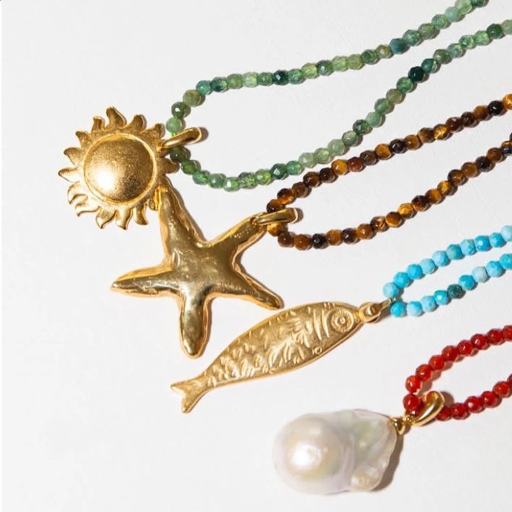 Uworld Beach Ocean Vacation Style 18K Gold Color Stainless Steel Sun Starfish Pendant Necklace Natural Stone Bead Women 250716