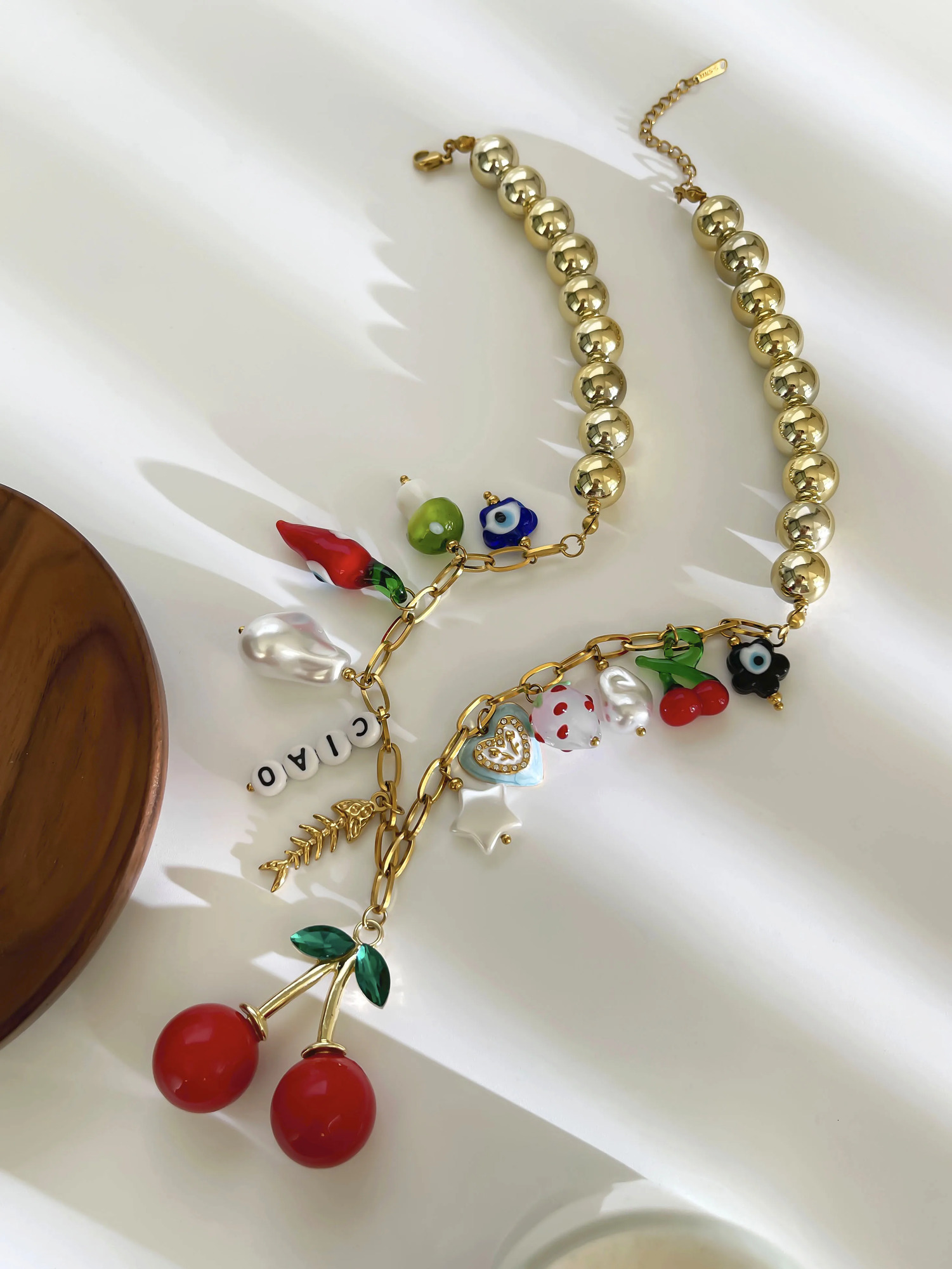 GHIDBK Statement Creative Stainless Steel Colored Enamel Glass Pearl Charm Pendant Necklace for Women CCB Metal Beads 250729