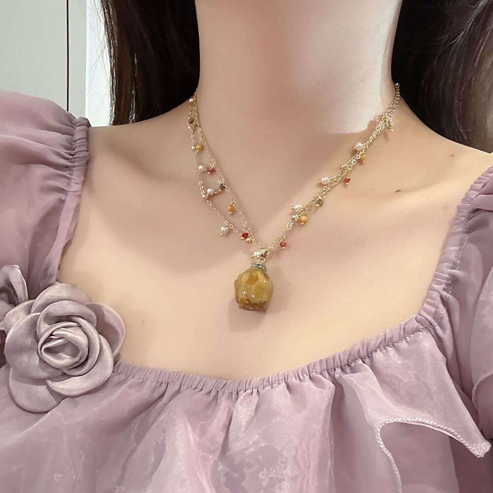 French Style Dried Flower Rose Crystal Pearl Double Layer Tassel Necklace Bracelet Atmosphere Sweet Exquisite Collarbone Chain f88