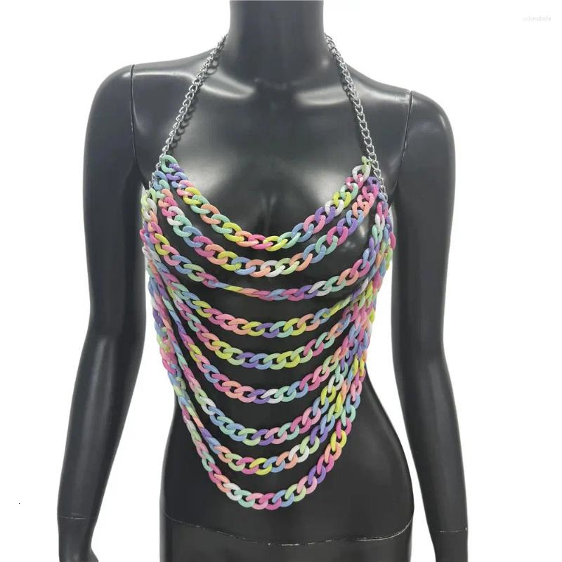 Womens Tanks Fashion Colorful Acrylic Chain Tank Top Women Sexy Backless V Neck Halter Tassel Camisole Rave Festival Party Crop Tops