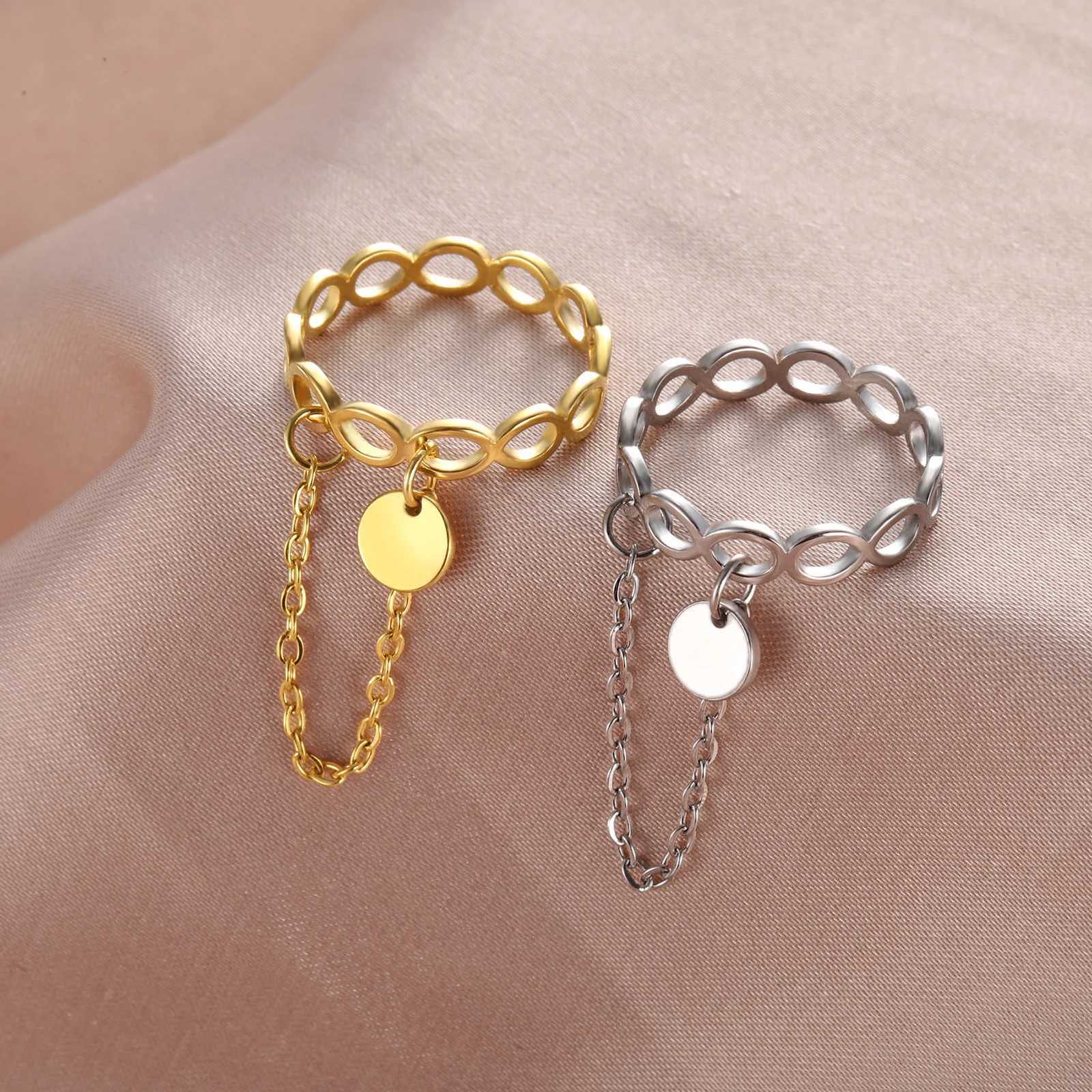 Stainless Steel Infinity Rings with Round Pendant Chain Women Engagement Geometric Rings Couple Jewelry Wholesale y250730