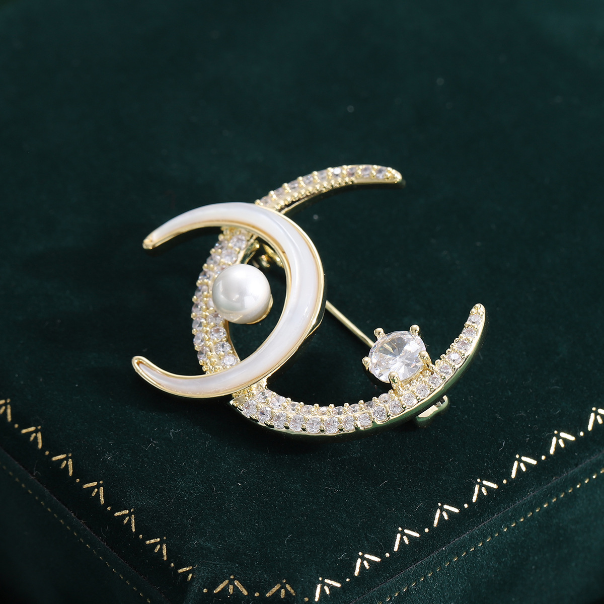 Gold Tone Classic Shaped Brooch With Pearl, Mother - Of - Pearl Rhinestone Accents Elegant Jewelry And Gift For Her High Quality Stylish Jewelry
