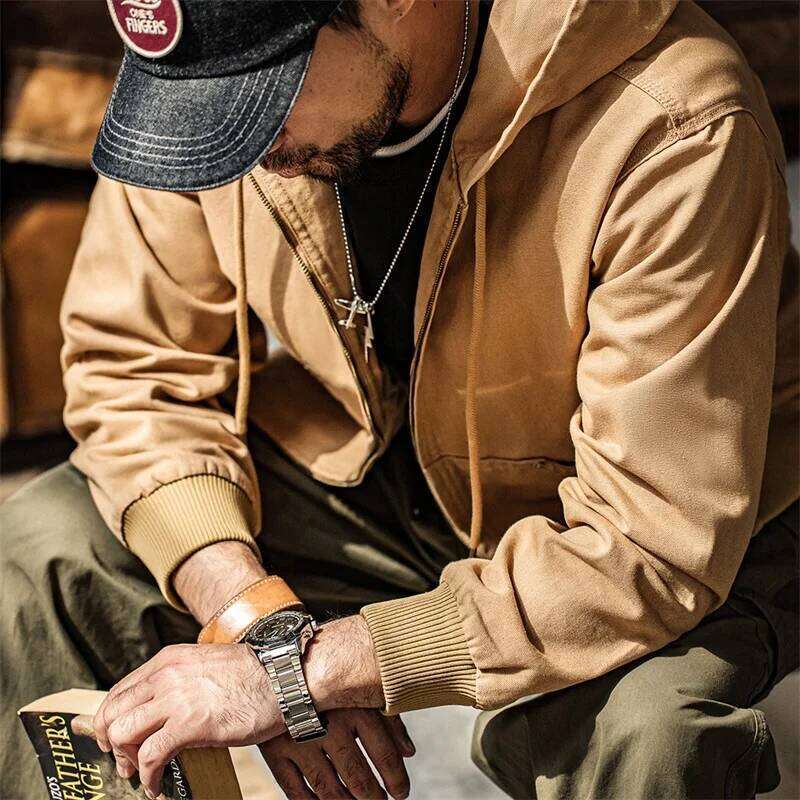 Maden Vintage J130 Heavyweight Hooded Jacket Canvas Classic Short Zip Front Solid Color Outerwear For Men Autumn Streetwear Coat MDNG