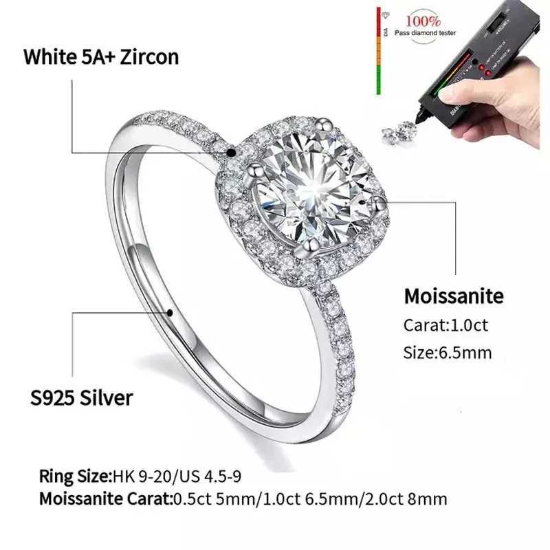 Real Moissanite 925 Sterling Silver Ring For Women Square Round 1CT 2CT 3CT Brilliant Diamond Finger Band Wedding Jewelry Gift y250730