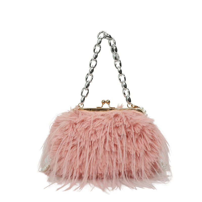 Large Capacity Plush Women's Pearl Chain Clip Fairy Style Single Shoulder Crossbody Bag ddmymoon