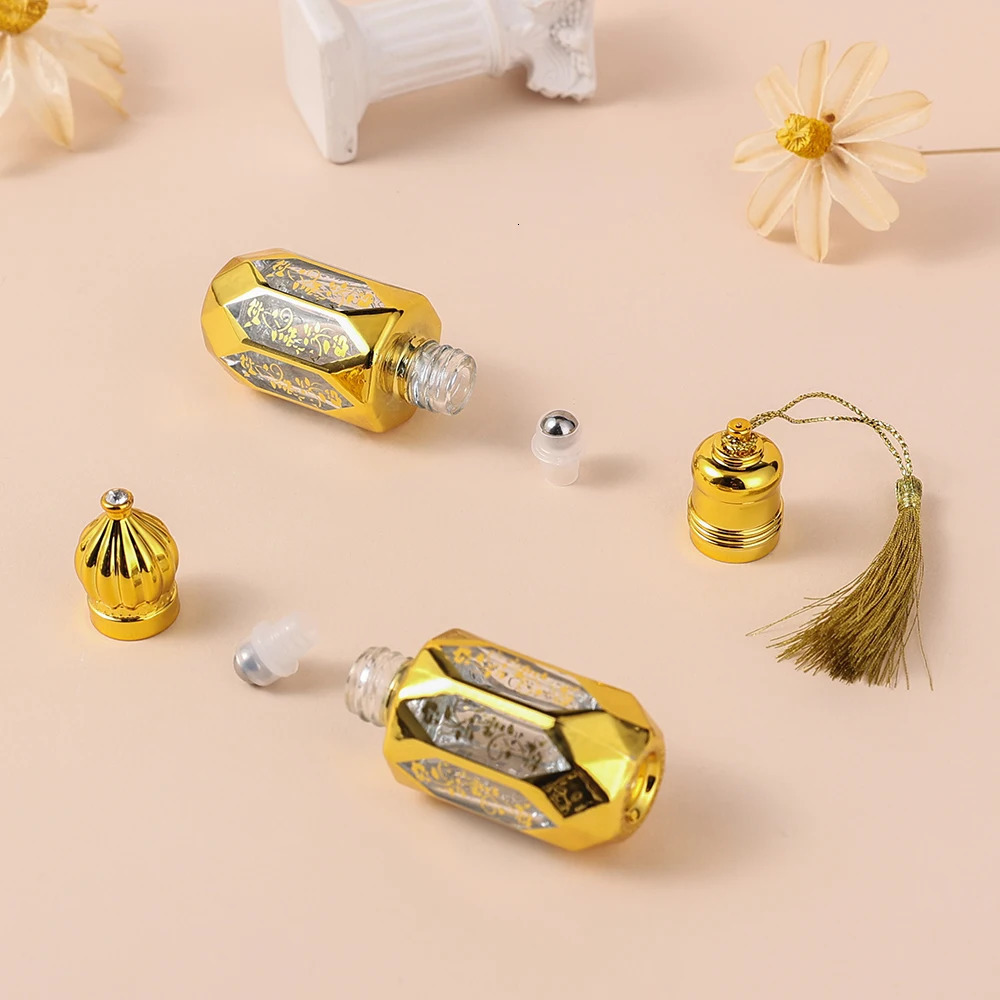 10pcs 12ml Mini Gold Empty Glass Roller Bottles for Essential Oil roll on bottles refillable Travel perfume Octagon bottle 250726