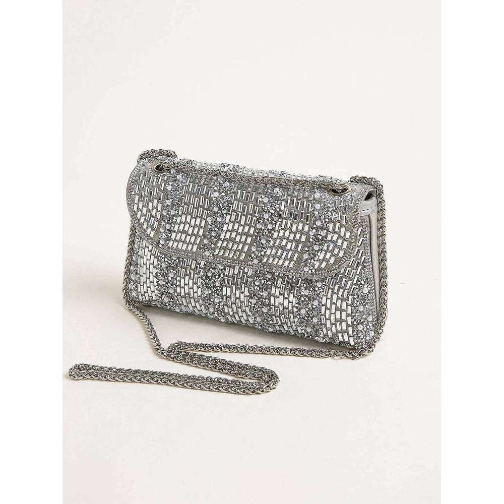 1PC Sier Square Bag,Glitter Bling,Shiny Glamorous,Elegant,Exquisite Big Rhinestone Chain Decor Shoulder Evening Bag, Top Two-w