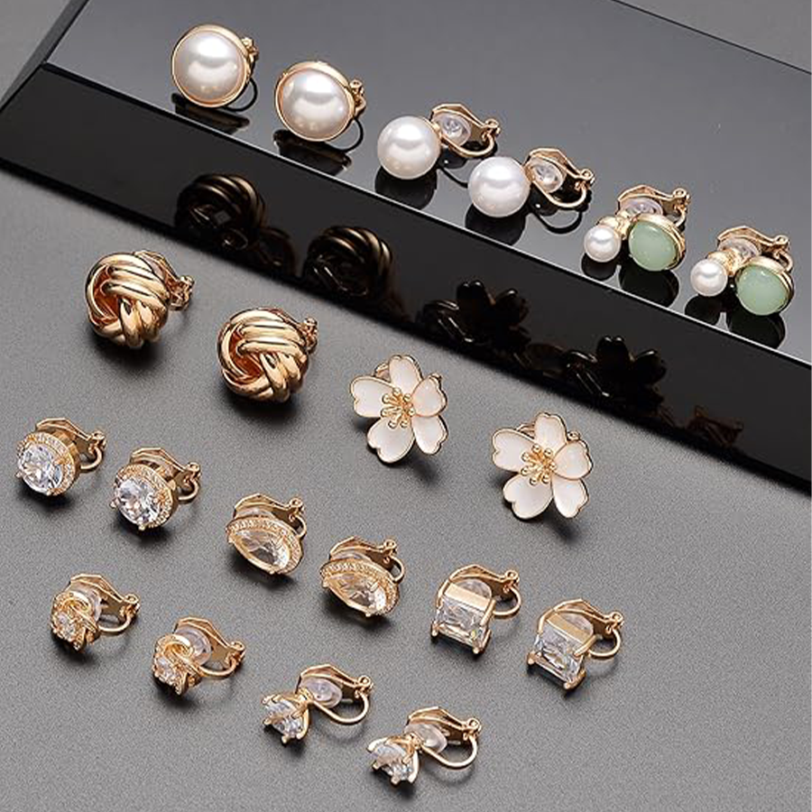 10Pairs Clip on Stud Earrings Non Pierced Teardrop Round Square CZ Pearl Twist Knot Flower Heart Star Rainbow Cat Opal Clip on Earrings for Women Gold