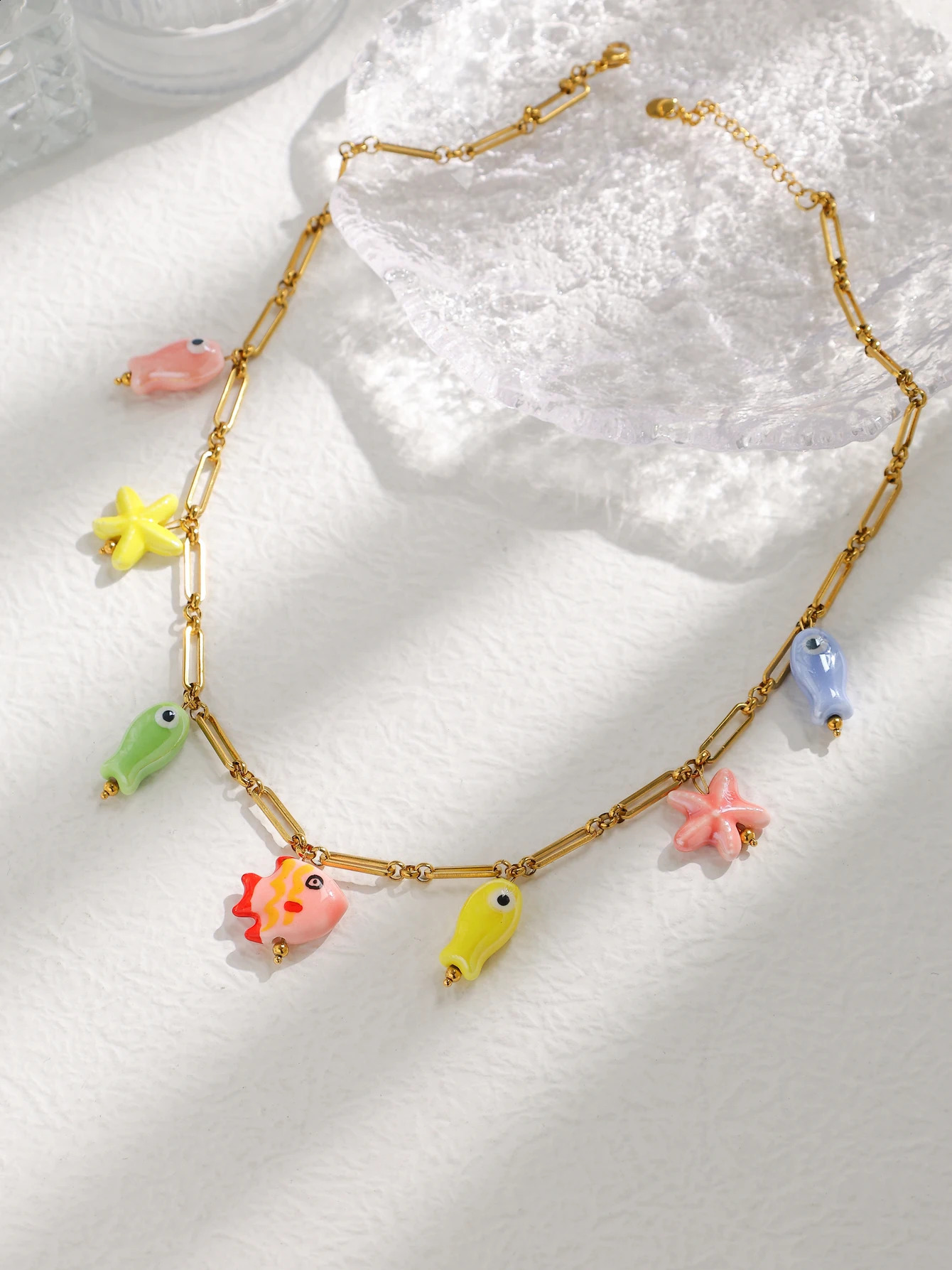 Fashion Stainless Steel Ceramic Starfish Fish Necklace for Women Girls Summer Beach Party Waterproof Cute Jewelry 250716