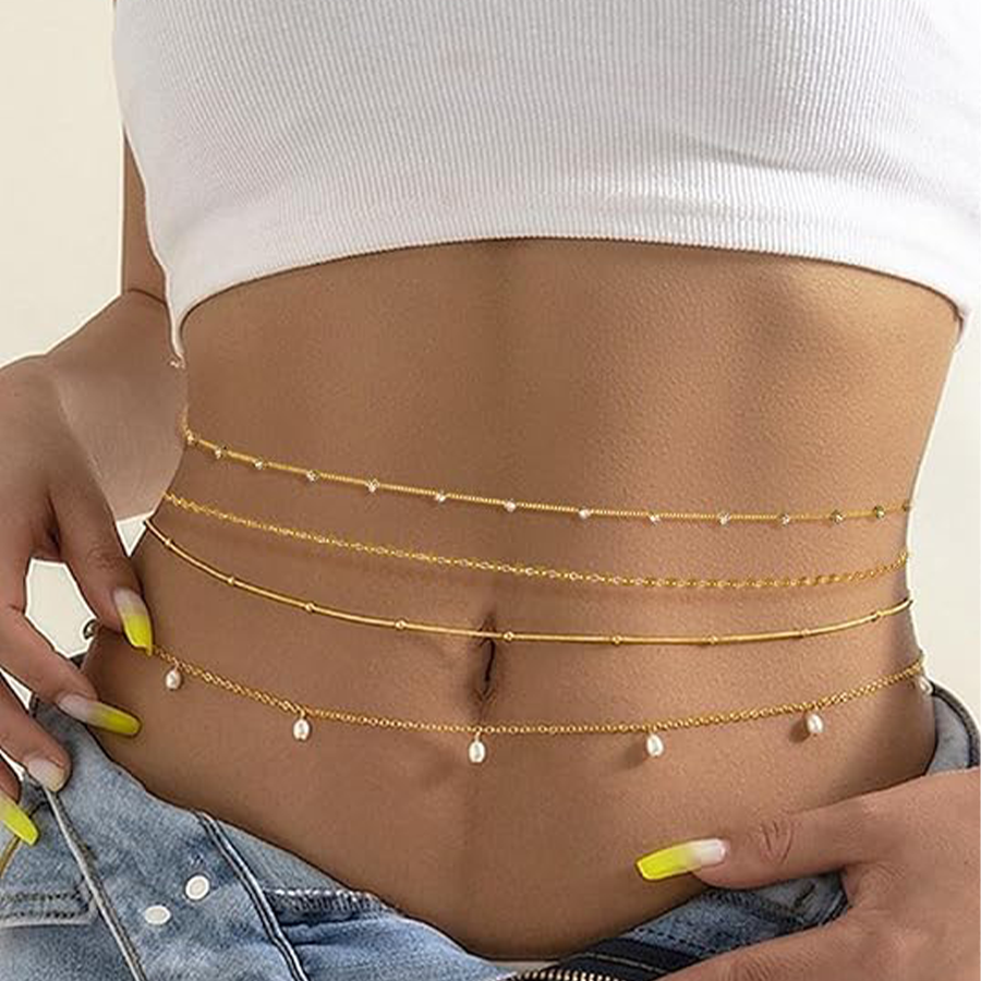 8Pcs Waist Belly Chain 18K Gold Plated CZ Heart Pearl Snake Bead Sequin Paperclip Belly Chain Summer Beach Sexy Body Chains Jewelry Accessories Women 