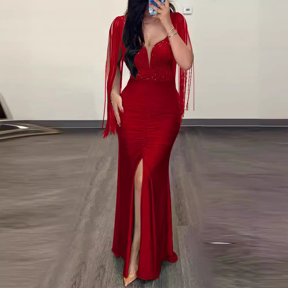 Fashionable pearl wrapped hip sexy dress with round neckline slit tassel sleeves pleated evening gown