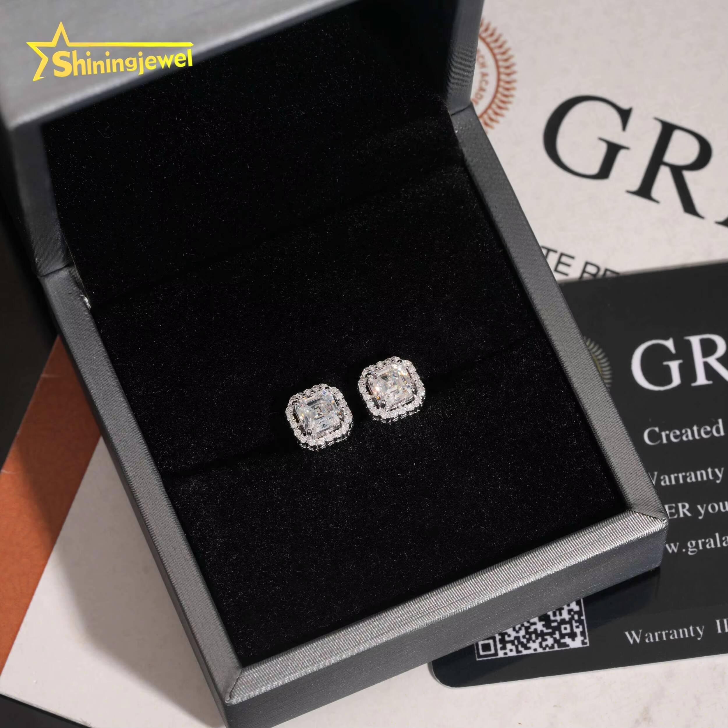 GRA Certified Hip Hop Moissanite Diamond Asscher Cut 5*5mm Halo Square 925 Sterling Silver Earrings