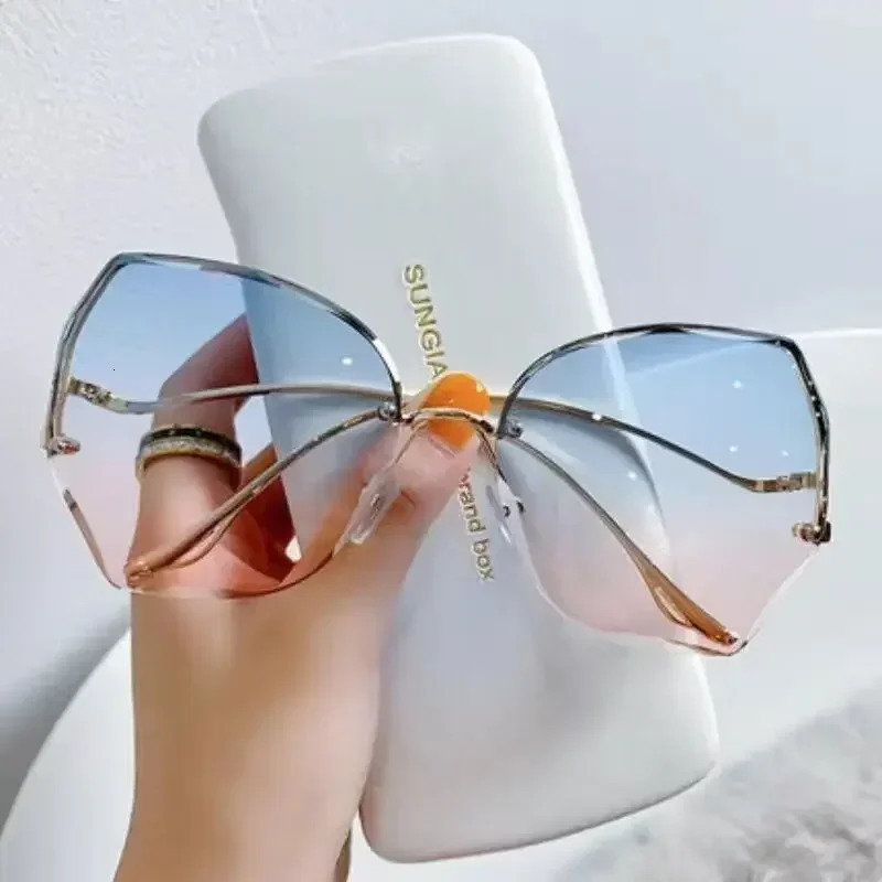 Irregular Round Sunglase Gradient Fashion Sun Glasses Female Rimless Metal Curved Temples Oculos De Sol 250729