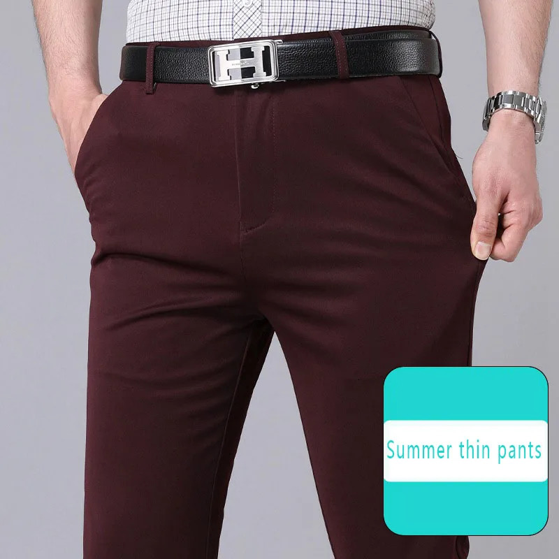 Summer Autumn Thin Trousers Men Formal Dress Suit Pants Work Quality Business Casual Black Wine Red Long 250731