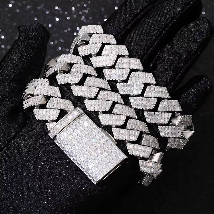 Yu Ying Gems Jewelrys 20mm Wide Full Baguette Moissanite Diamond 925 Sterling Silver Necklace with Cuban Chain