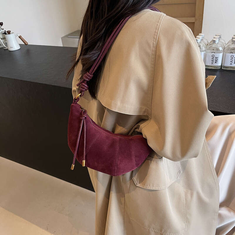 Crescent shaped shoulder bag with leopard print suede retro style cowhide rope decoration crossbody bag, fashionable and versatile daily street bag