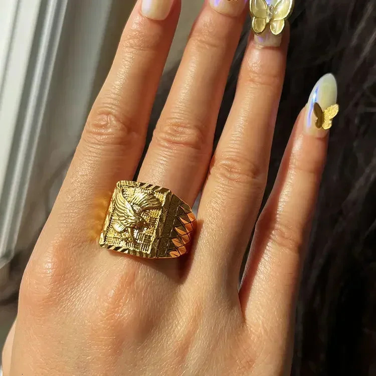 Real 100% 18K Gold Color Eagle Ring for Men Brother Women Jewelry Open Engagement Wedding Finger Ring 250730