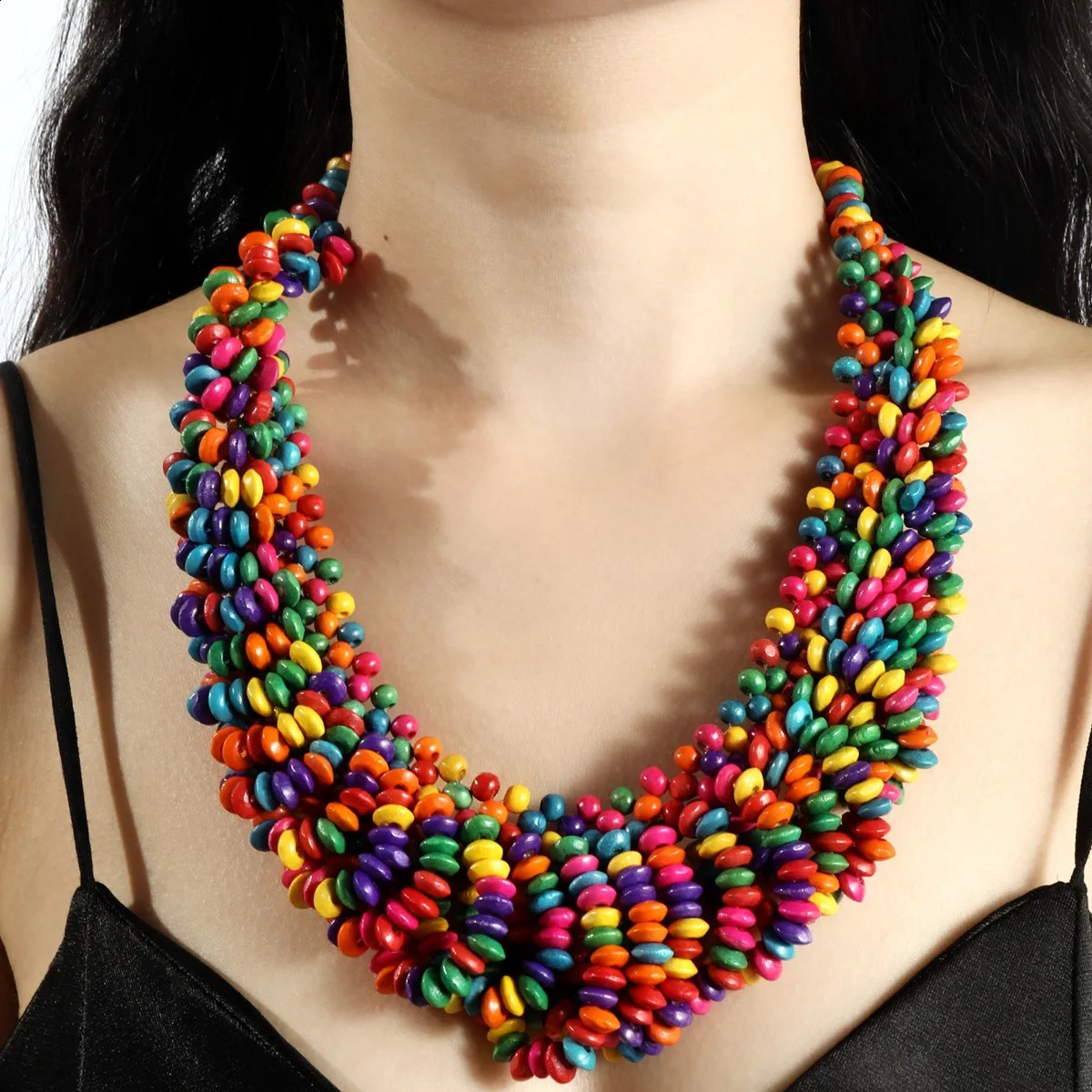 Arrived Trendy African Style Bohemian Colored Wooden Beads Handmade Beaded Necklaces For Women Summer Party Jewelry 250716