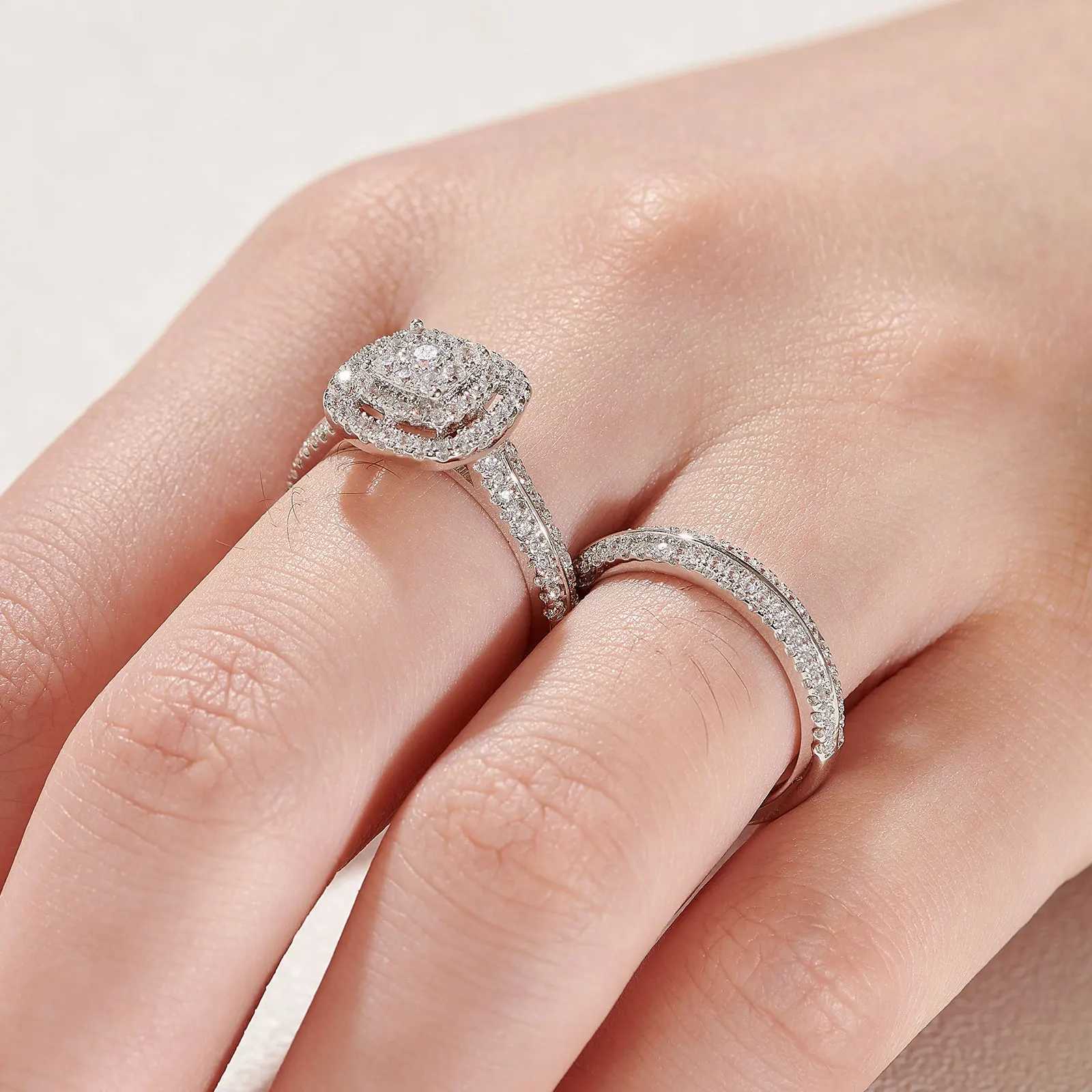 2Pcs Wedding Rings for Women Solid 925 Sterling Silver Engagement Ring Bridal Set 1.6Ct Halo Round Cut AAAAA Zircon y250730