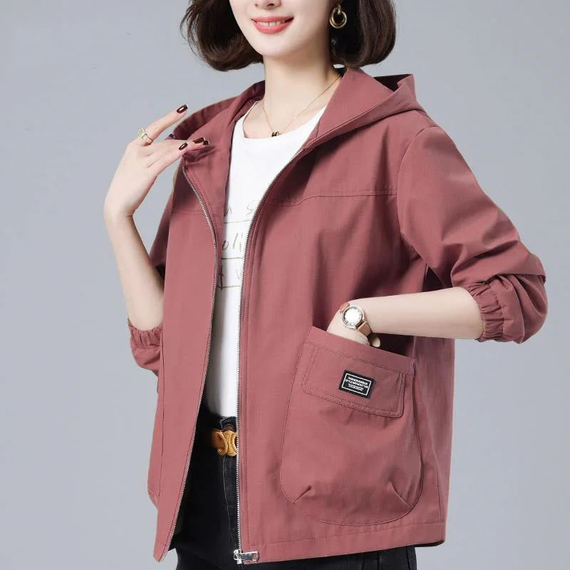 Spring Autumn Womens Jackets Long Sleeve Windbreaker Middle-Aged Mothers Coat Hooded Short Jacket Loose Outwear 250728