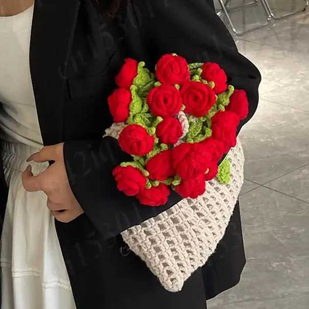 Rose Crochet Handbag 2025 Spring Cute Knitted Shoulder Bag Romantic Designer Floral Hollowed Out Ladies Shoulder Bag Armpit Bags Y250730