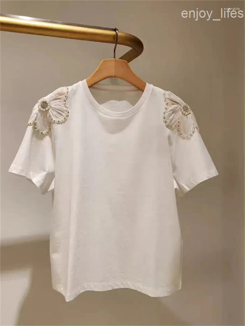 Womens T Shirts Shoulder Beading Flower Decoration T- 2025 Summer Simple Lady Round Neck Short Sleeve Tee
