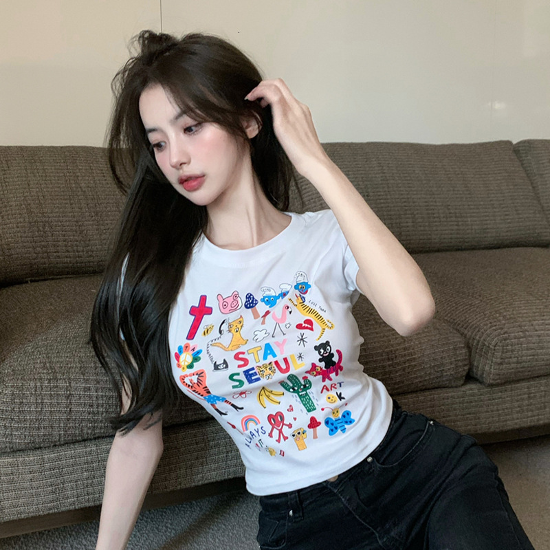 2025 pure desire spicy girl cartoon printed short sleeved women's T-shirt summer new slim fit basic shirt short top new designer T-shirt