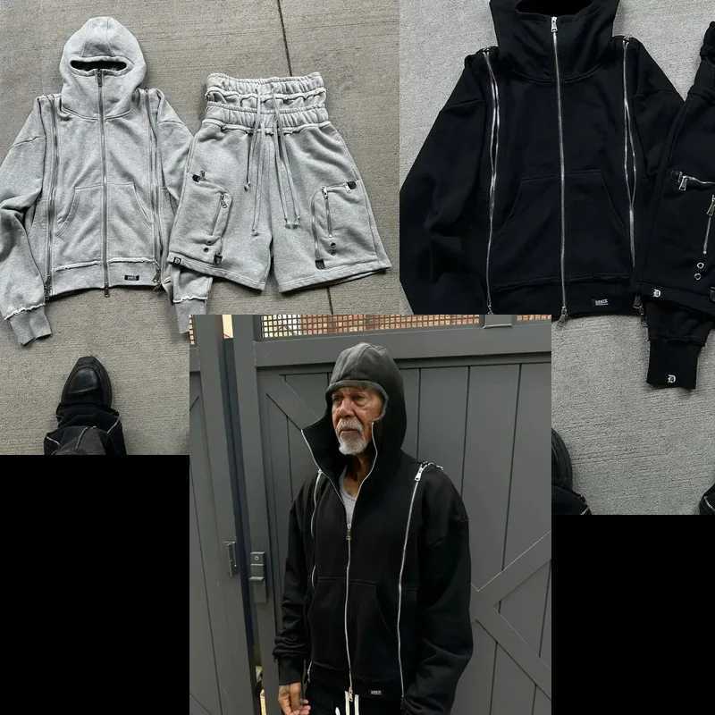 Gray Casual Zipper Hooded Sweatshirt Trousers Zipper Pocket Suit American Hip Hop Fashion Trend Mens Sportswear XJ250731