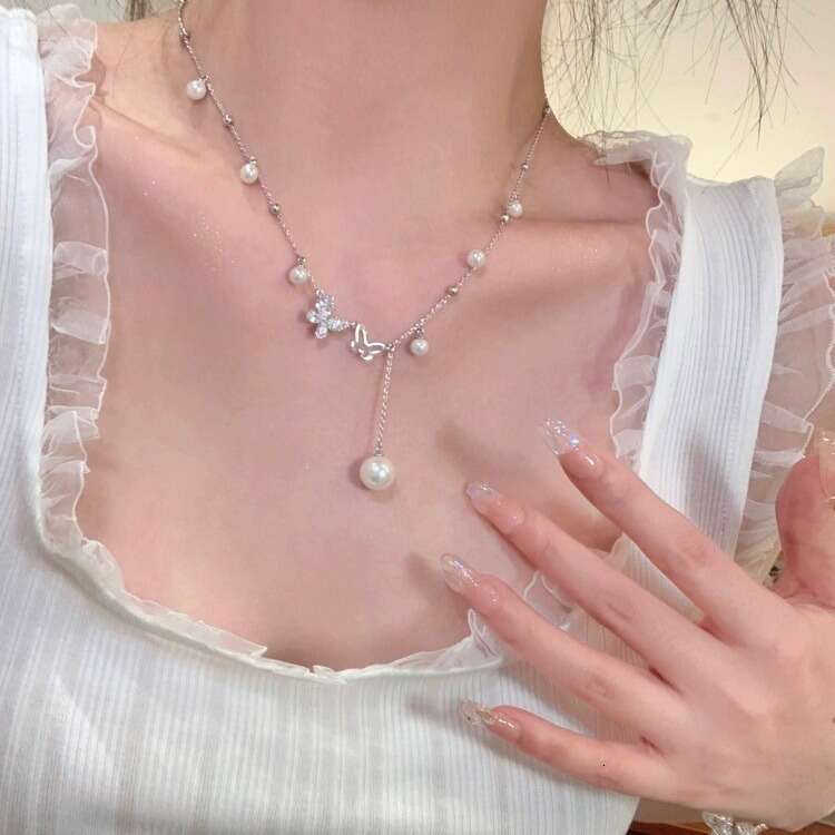 FUXIN2024 New Pearl Butterfly Tassel Necklace for Women, Niche Design with High-end Feel, Collarbone Chain, Versatile 94e
