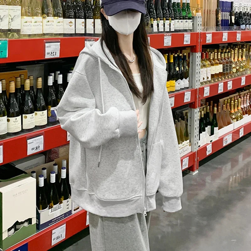 Spring Autumn Womens Casual Hooded Sweatshirt Loose Lazy Style Versatile Cardigan Coats Korean Simple ZipUp Drawstring Hoodies 250731