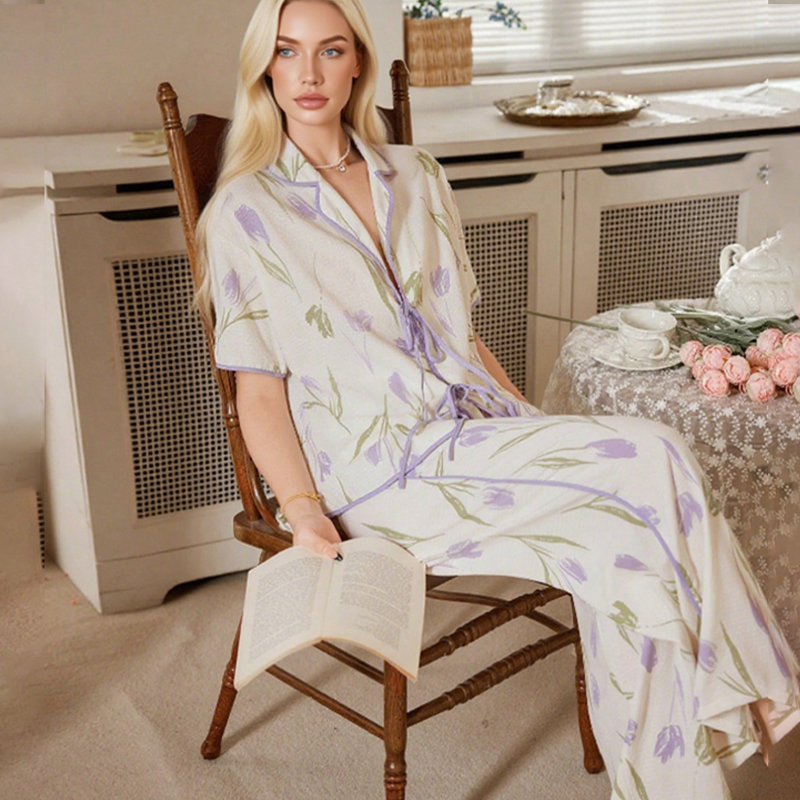 2025 New Women's Spring and Autumn Tulip Lace-up Long-sleeved Long Pants Pajama Set Homewear