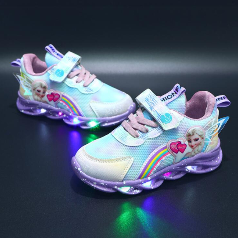 Cartoon LED casual sports shoes pink purple girls ice and snow Elsa princess printed outdoor shoes children's lightweight anti slip shoes