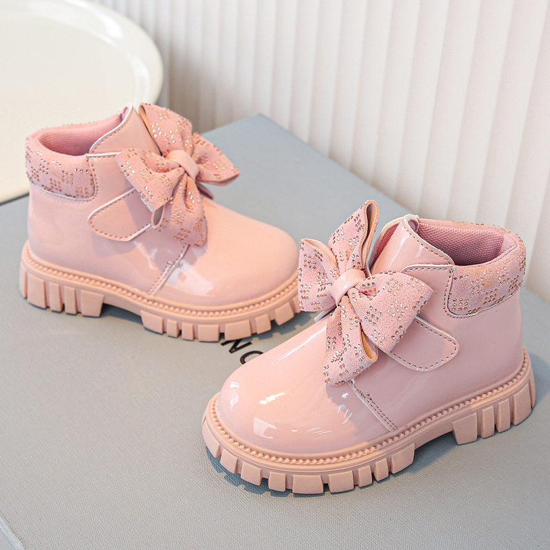Sweet bow girls short boots glossy princess style children's boots cute baby leather boots