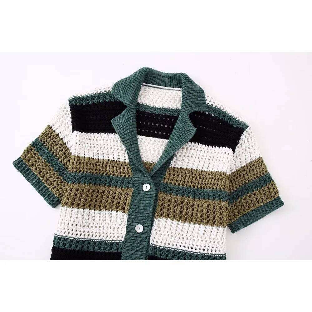 Designer Clothing 2025 Aoaiiys Striped Knitted Women's Short Sleeve Sweater Turn-Down Collar Fashion Single Breasted Elegant Summer Cardigans