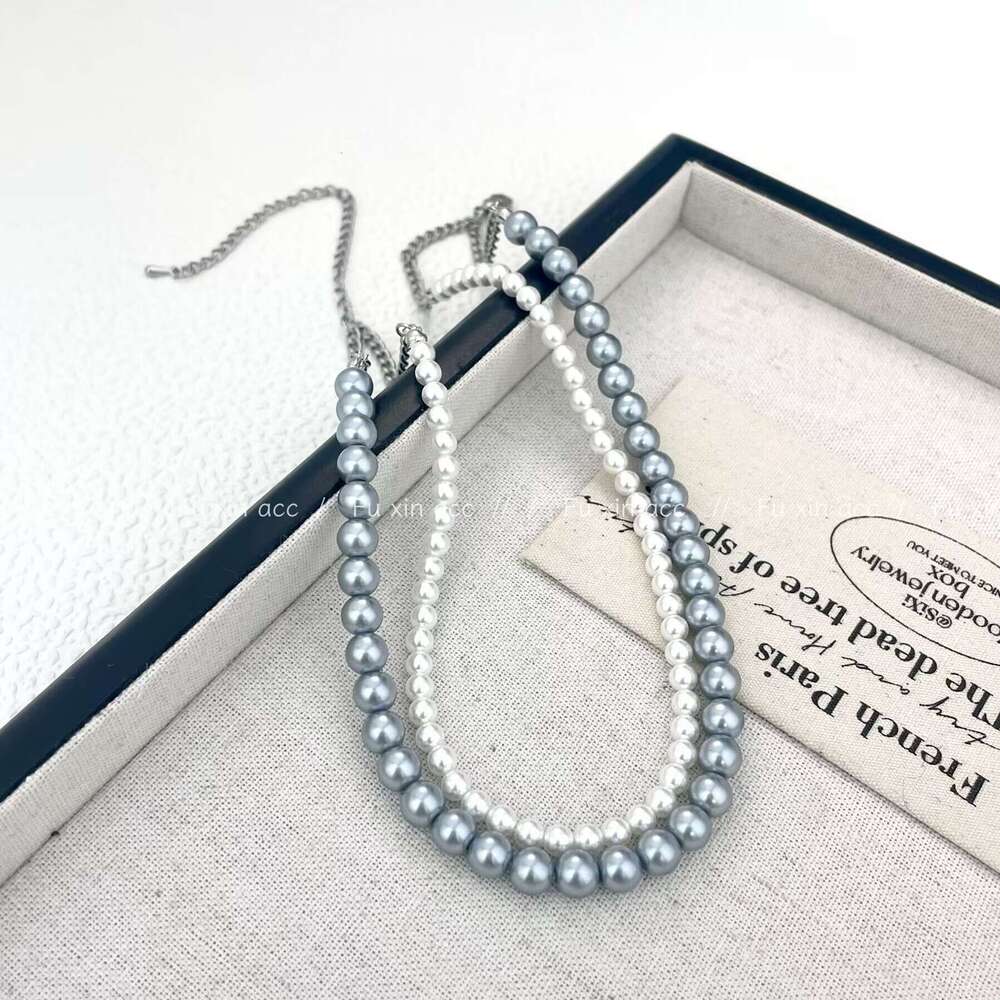 Pearl Double Layer Necklace Stacked Cross Black Crystal Bowknot Light Niche Design High-end Choker 941