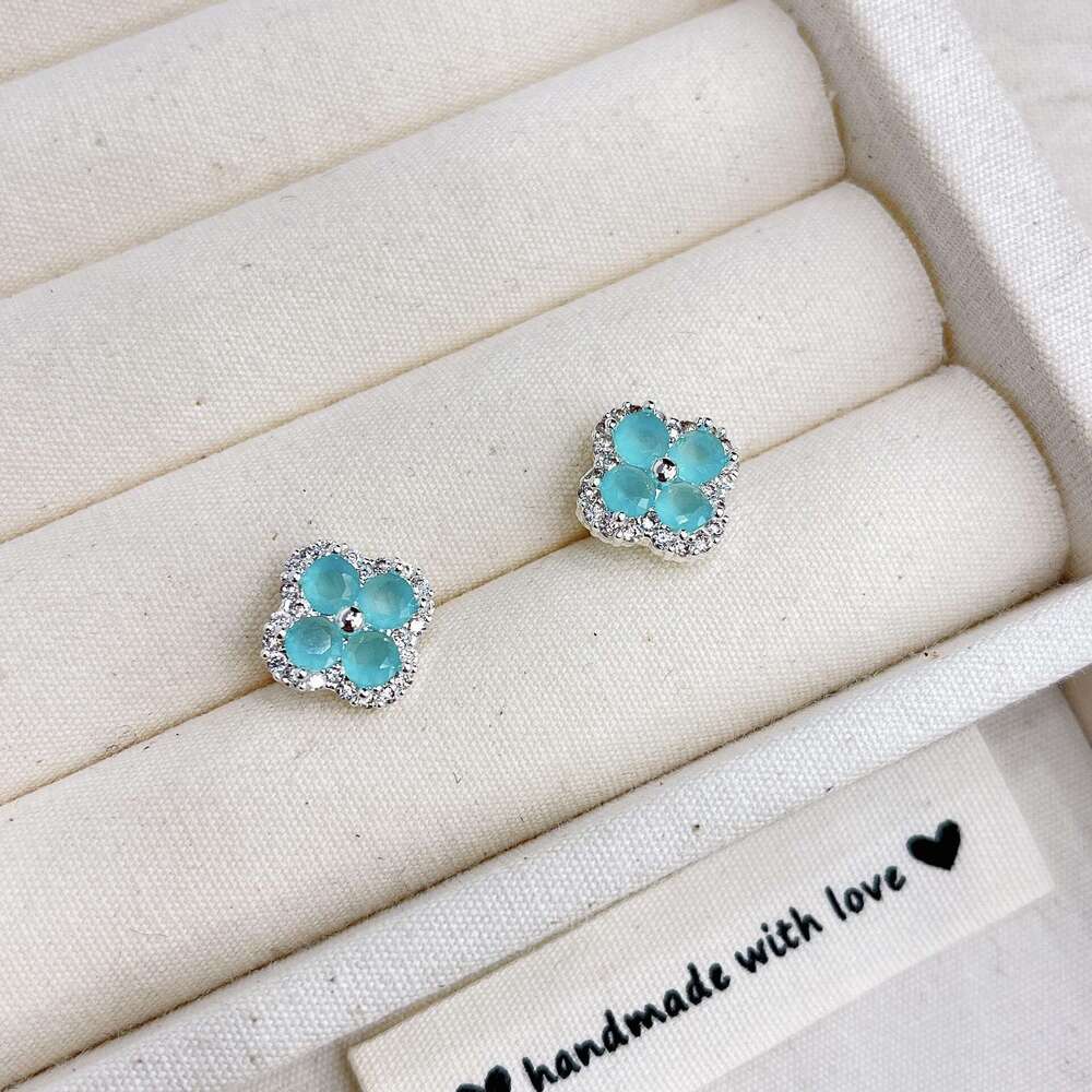 TikTok Same Style Blue Four-Leaf Clover Edge Full Zircon Main Body Sier Tone Fashion 2025 Spring New Earrings 1ea