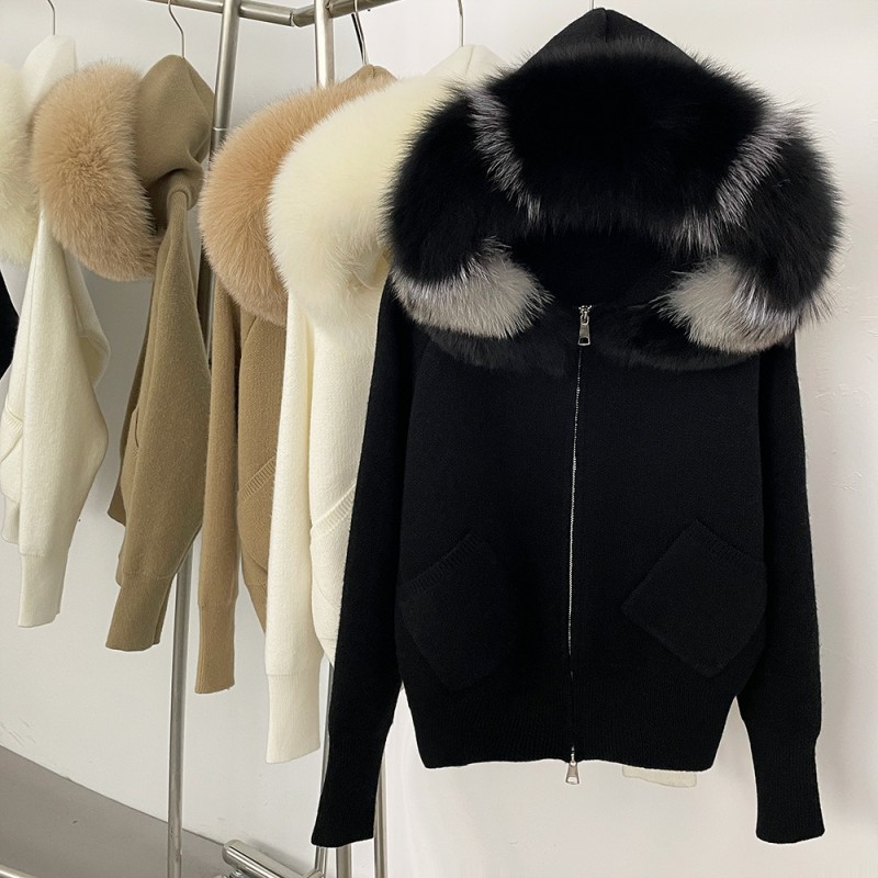 Knitted sweater cardigan jacket womens detachable oversized genuine fox fur collar new autumn winter style hooded knitted cardigan coat