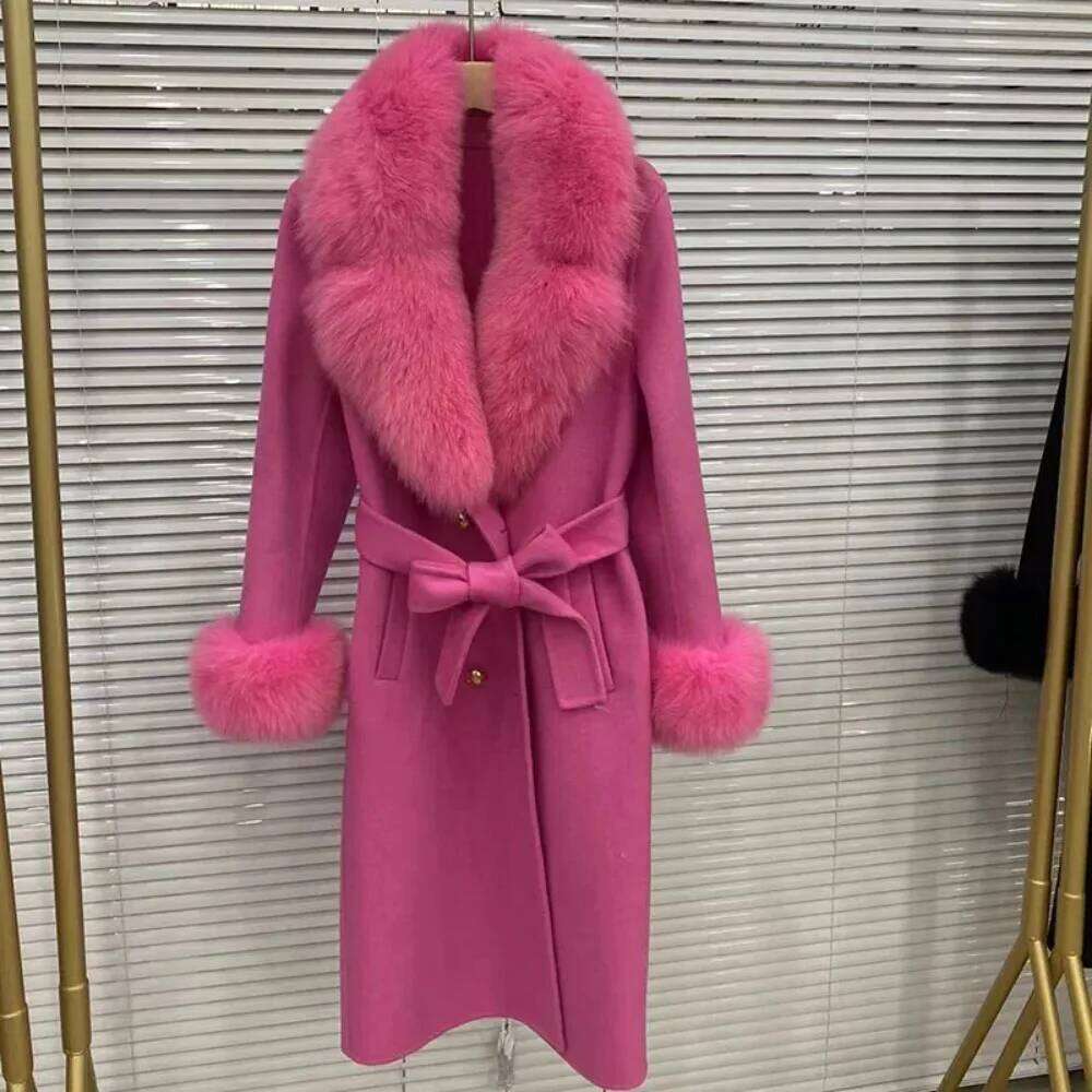 Designer Clothing Women Wool Cashmere Blended Coat 2024 Double Breasted Belt Outerwear Cuff New Long Real Fox Fur Collar Fashion Winter Jacket Fashion