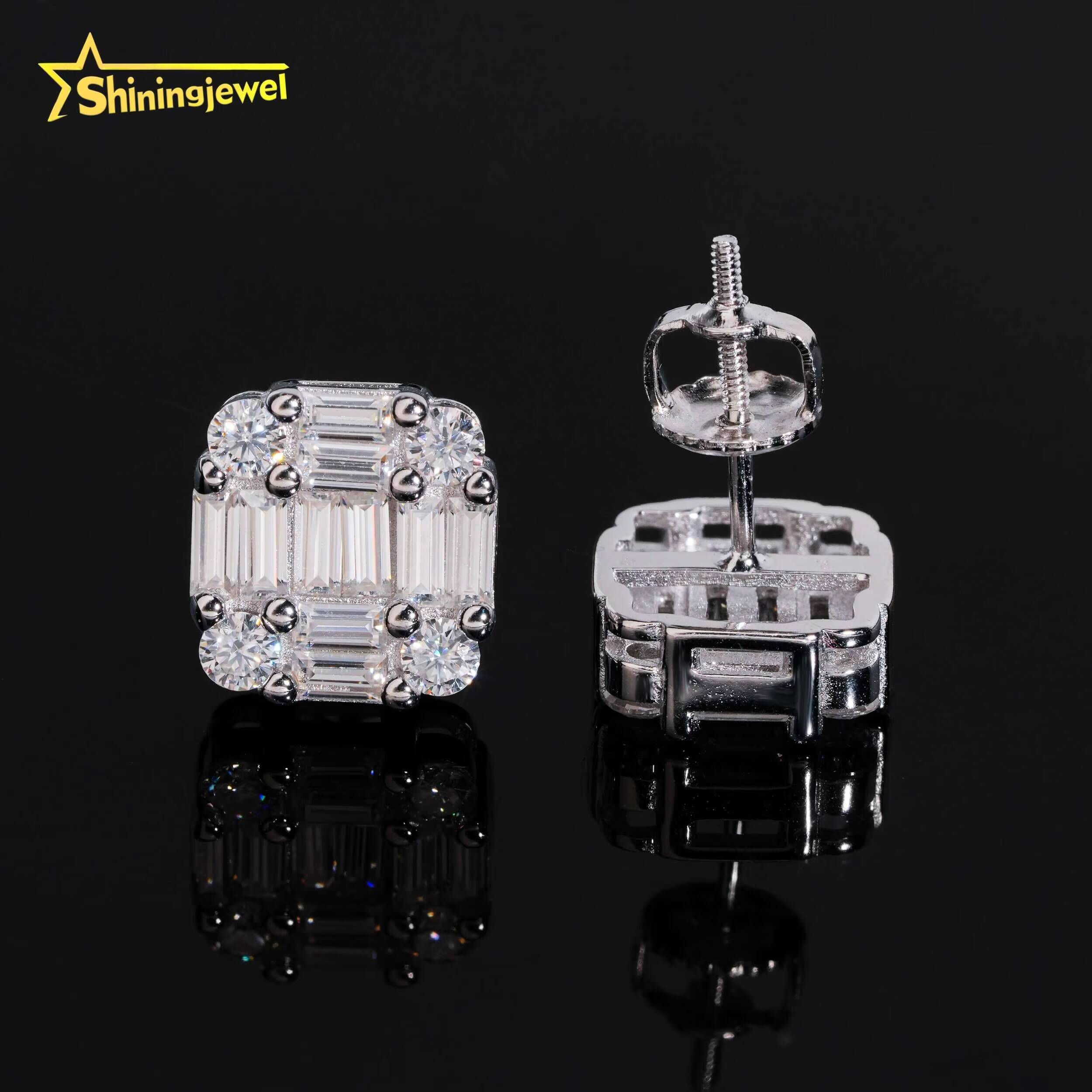 New Arrival Hip Hop Design Baguette Diamond 925 Sterling Silver VVS Iced Out Moissanite Stud Earrings for Men