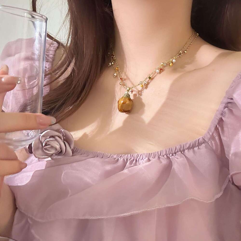 French Style Dried Flower Rose Crystal Pearl Double Layer Tassel Necklace Bracelet Atmosphere Sweet Exquisite Collarbone Chain f88