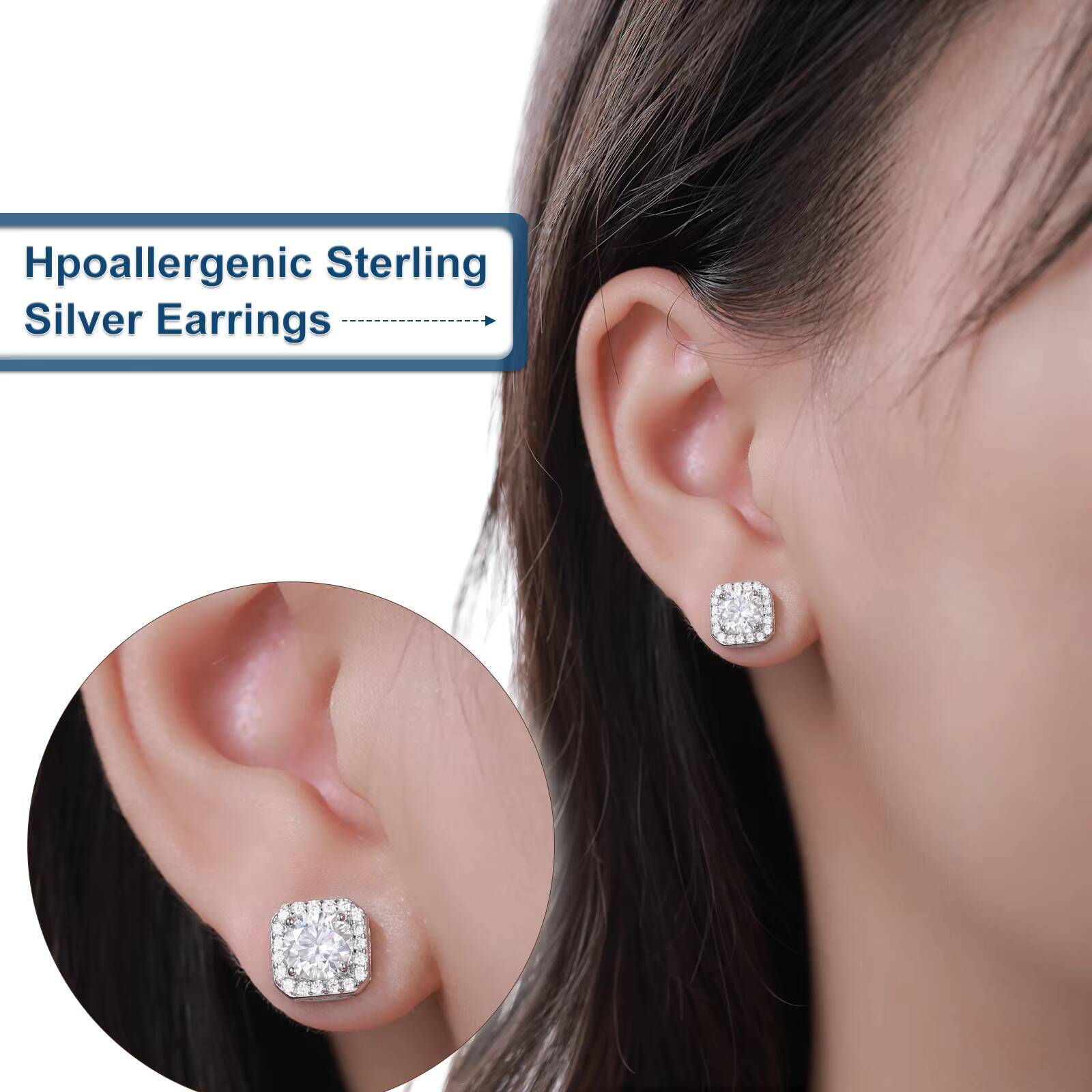Jewelry 925 Sterling Silver VVS Moissanite Diamond Classic Square Halo Stud Earrings for Men Women