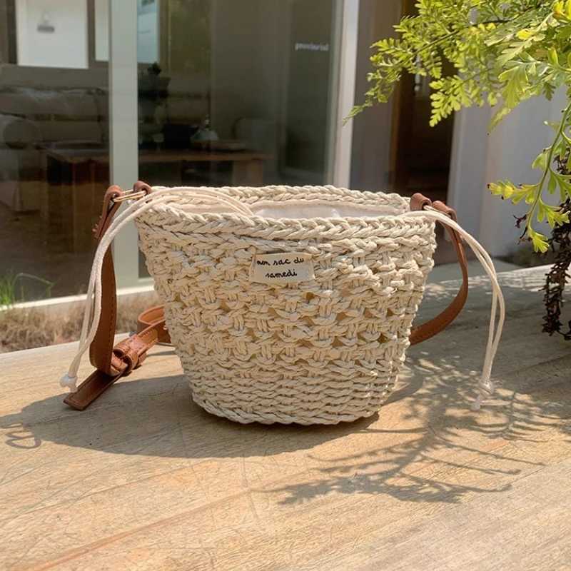 Summer Vacation Womens Straw Woven Shoulder Bags Casual Beach Ladies Small Bucket Handbags Female Drawstring Crossbody Bag Y250730