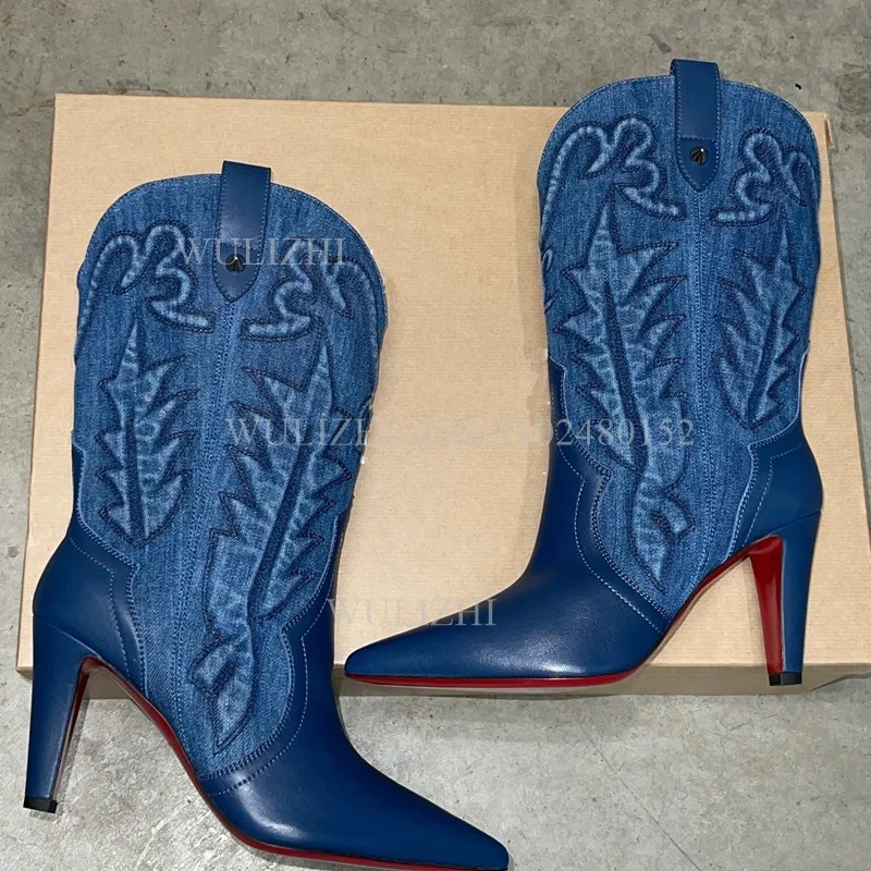 Denim Blue Totem Calf Boots Women Pointed Stilettos Red Heels Winter Zipper Casual Weave Office Lady n Graffiti Shoe 250729