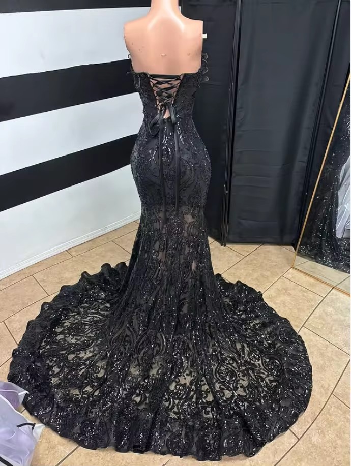 Black Sparkly Long Mermaid Party Occasion Dresses Ruffles Strapless Gillter Corset Top Prom Gala Gown Customsized