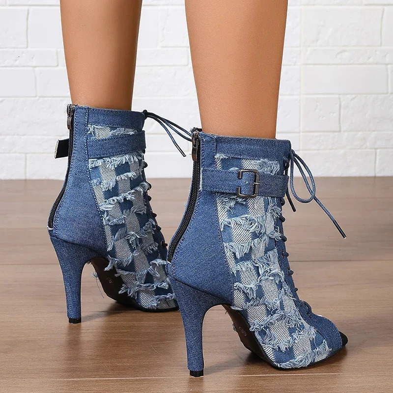 Denim Women Peep Toe Ankle Boots Fashion Elegant Breathable Shoes High Heel Autumn Womens Morder Short Booties 250729