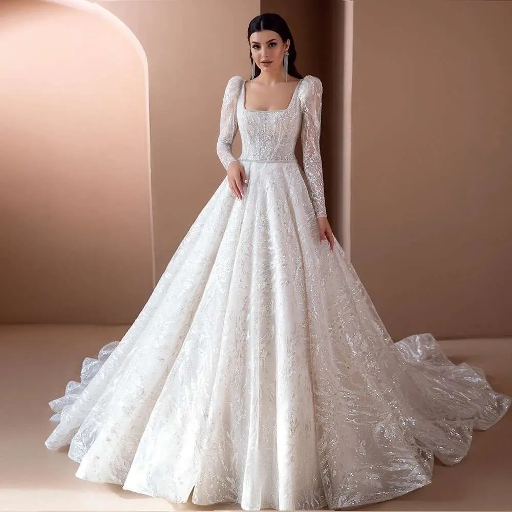 Luxury Ball Gown Bridal Gowns Beaded Long Sleeves Square Collar Wedding Dress Custom Made High Quality Princess Dresses